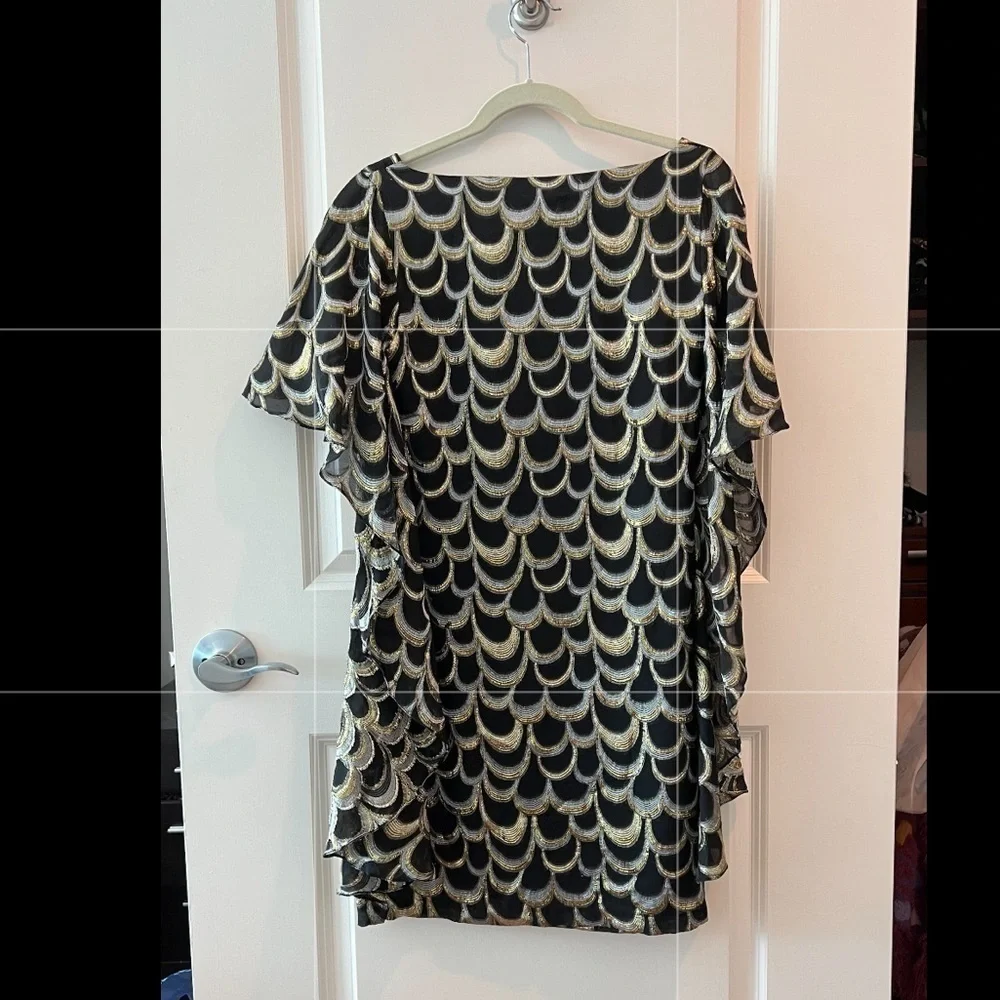 Loeffler Randall black and gold cape dress